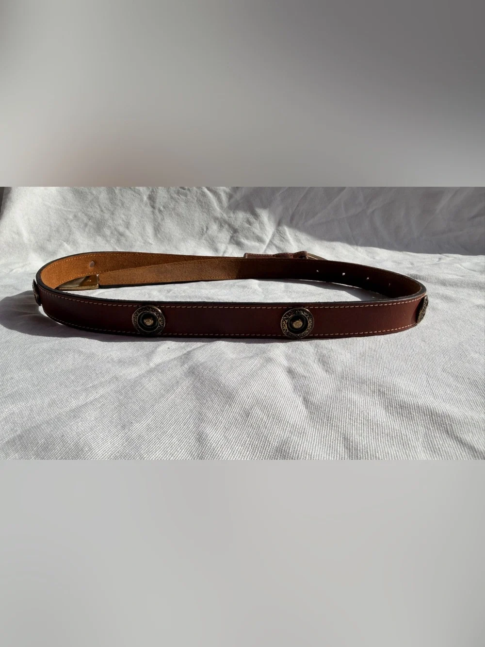 Vintage Brown Belt Leather Brass Metal Embellished 80’s Joan & David S